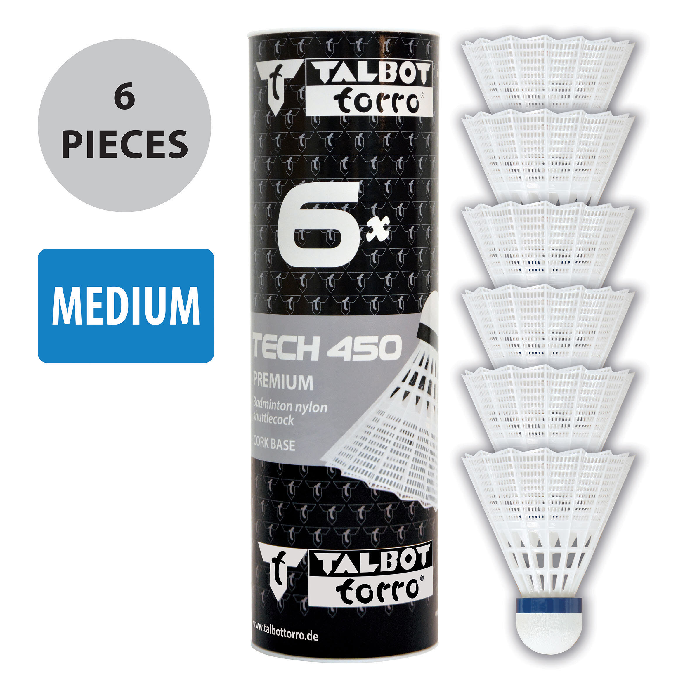 Talbot-Torro Badmintonball Tech 450, Premium Nylonfederball, 6er Dose, Korb:weiß blau/medium