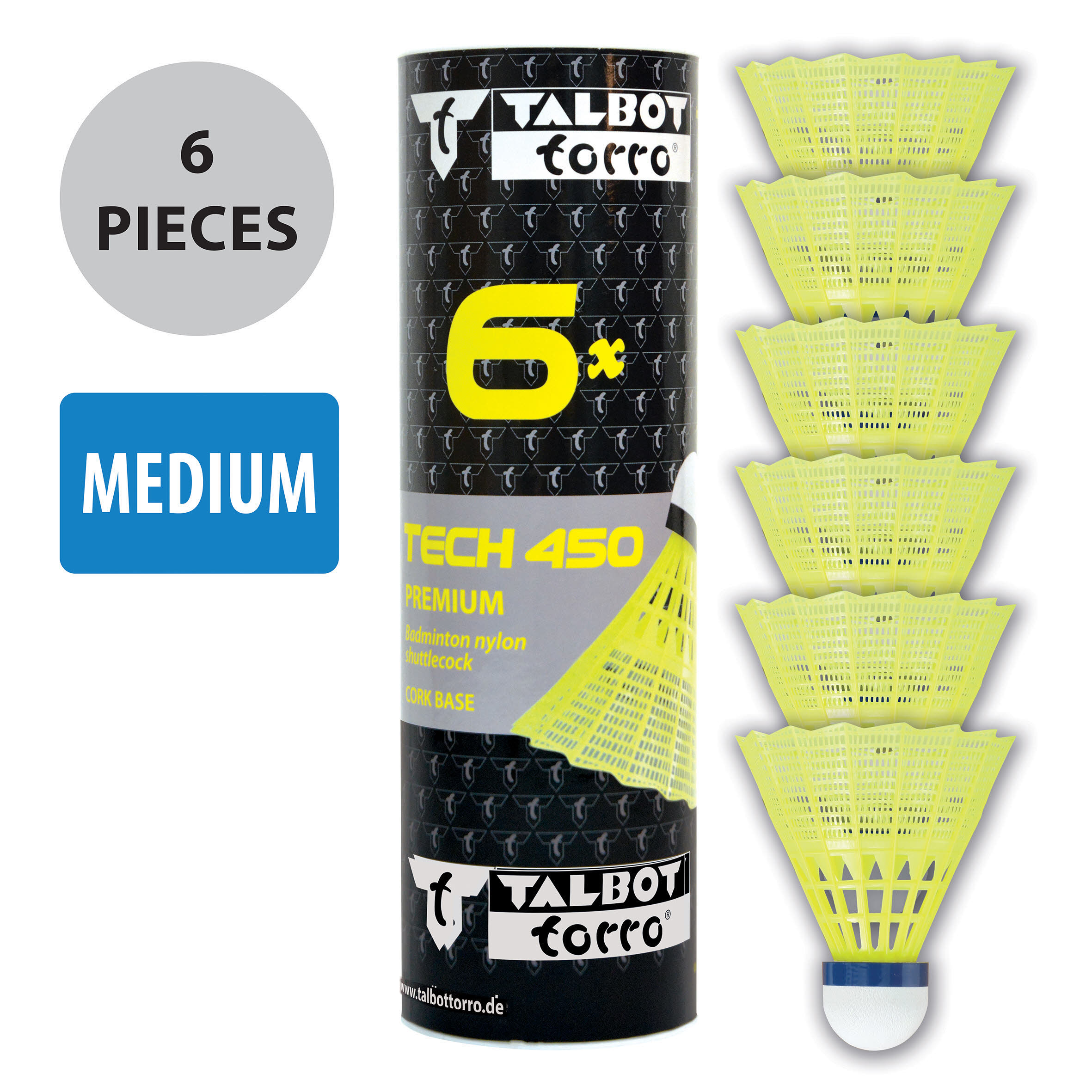Talbot-Torro Badmintonball Tech 450, Premium Nylonfederball, 6er Dose, Korb:gelb blau/med.