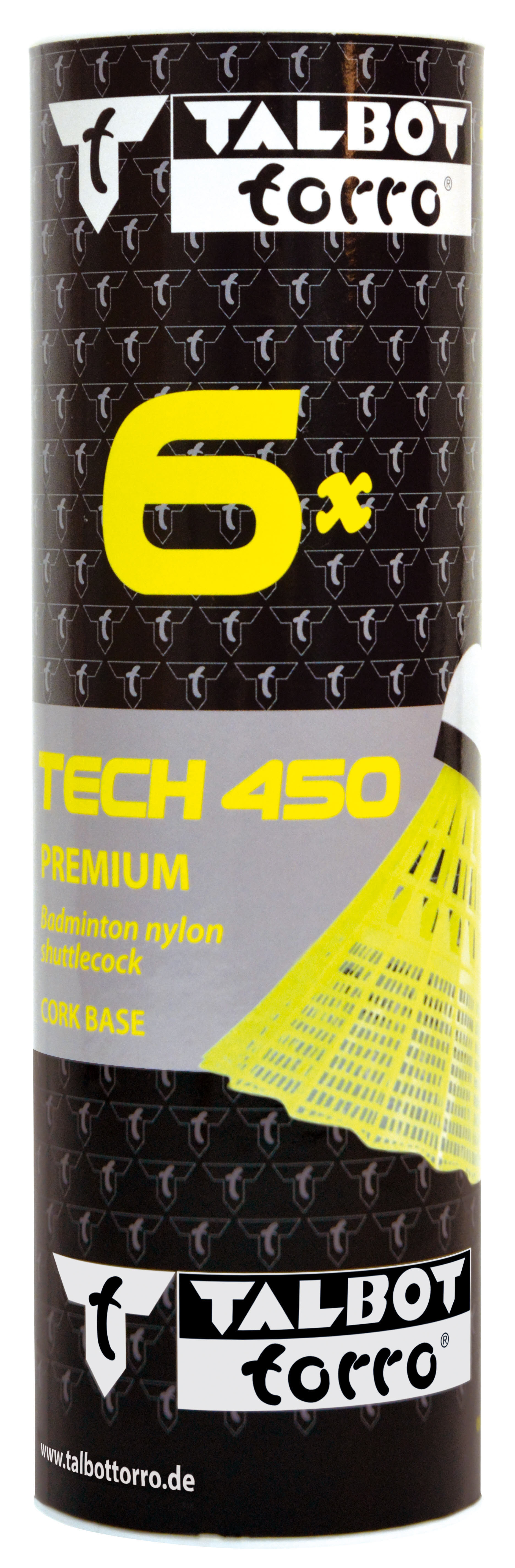 Talbot-Torro Badmintonball Tech 450, Premium Nylonfederball, 6er Dose, Korb:gelb blau/med.